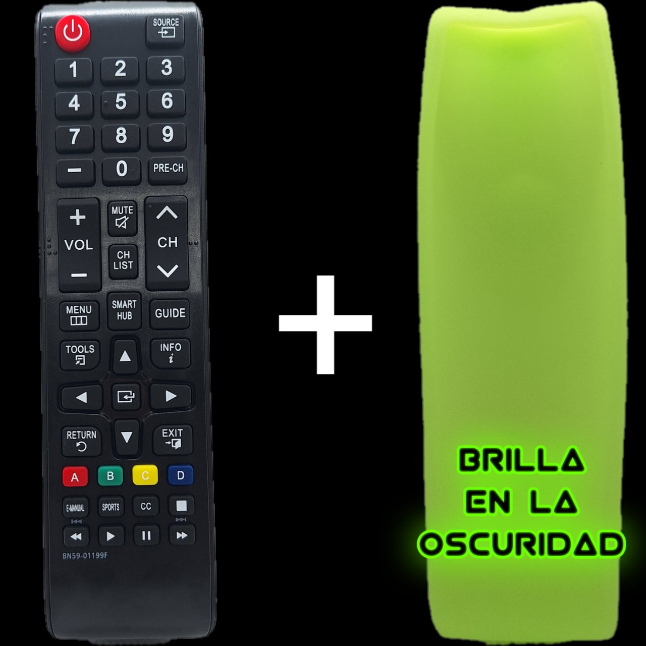 Mando BN59-01199F para Samsung junto a funda verde luminiscente.