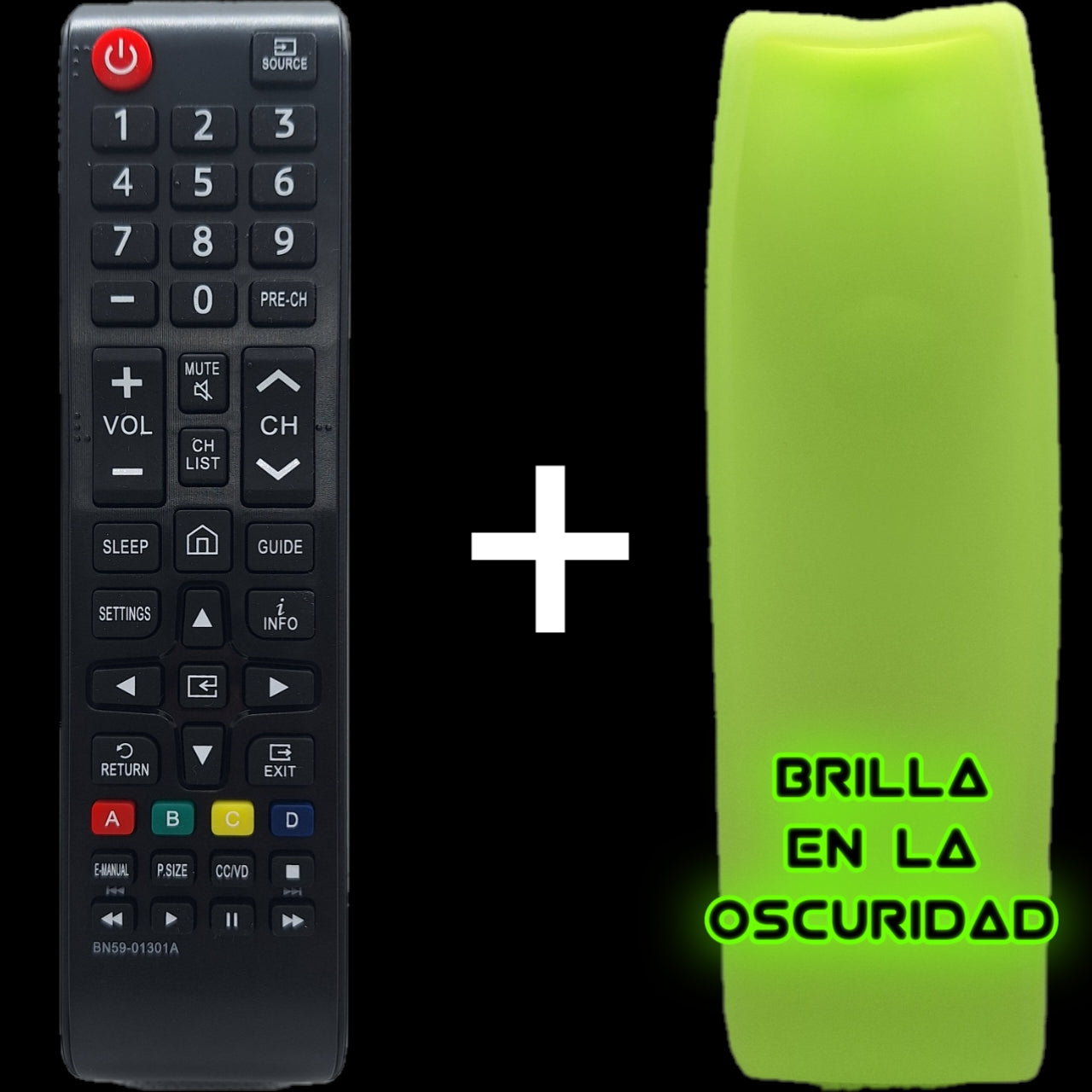 Mando para Televisores Samsung junto a funda de silicona verde brillante en la oscuridad.