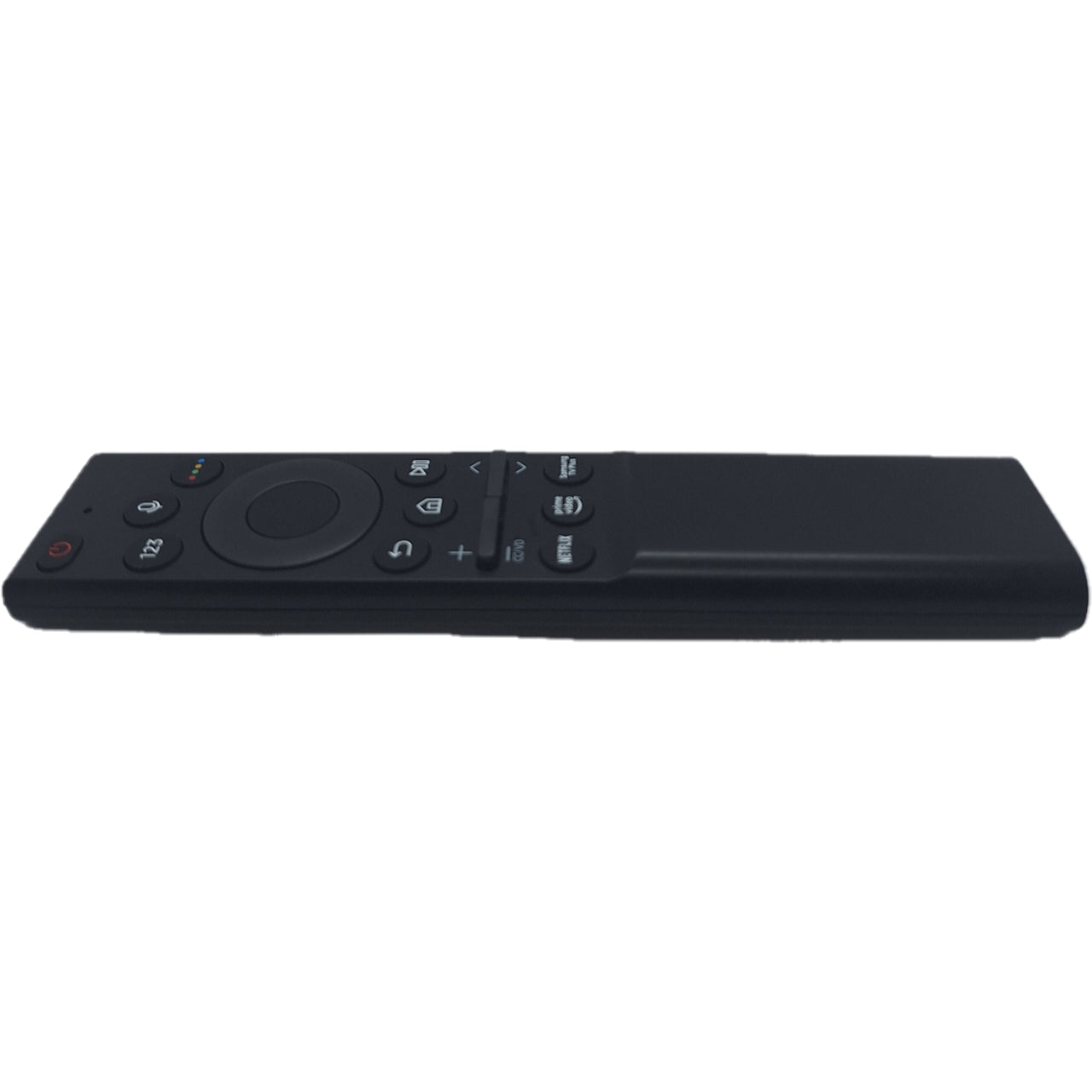 Vista superior del control remoto Samsung BN59-01363A, con micrófono para comandos de voz y diseño funcional para televisores Samsung seleccionados.