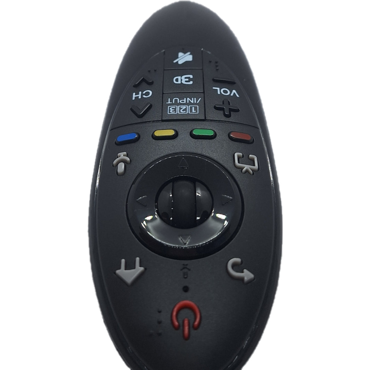 Control remoto MR500G compatible con LG Magic Remote visto desde el ángulo superior. Ideal para reemplazar tu mando LG Magic Remote, sin micrófono ni puntero, solo inserta las pilas y disfruta de su funcionalidad.