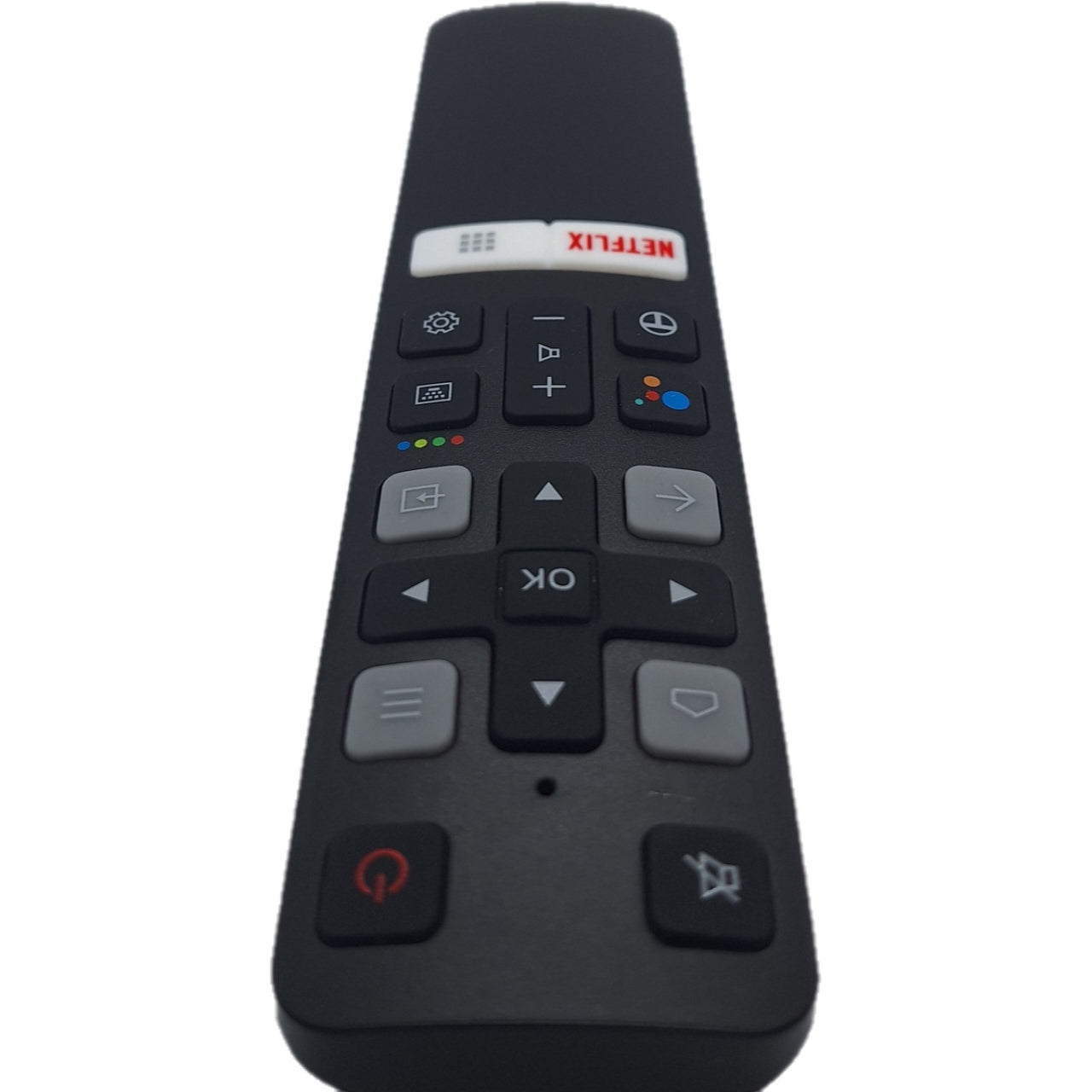 Vista superior del control remoto TCL RC802V JUR6. Su diseño simplificado sin funciones de voz lo hace ideal para un manejo directo y eficaz.