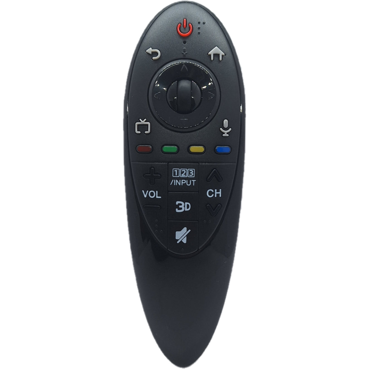 Mando MR500G compatible con LG Magic Remote visto desde el frente. Control remoto de alta calidad para televisores LG Smart TV, sin micrófono ni puntero. Funciona como el original, solo inserta las pilas (no incluidas) y listo.