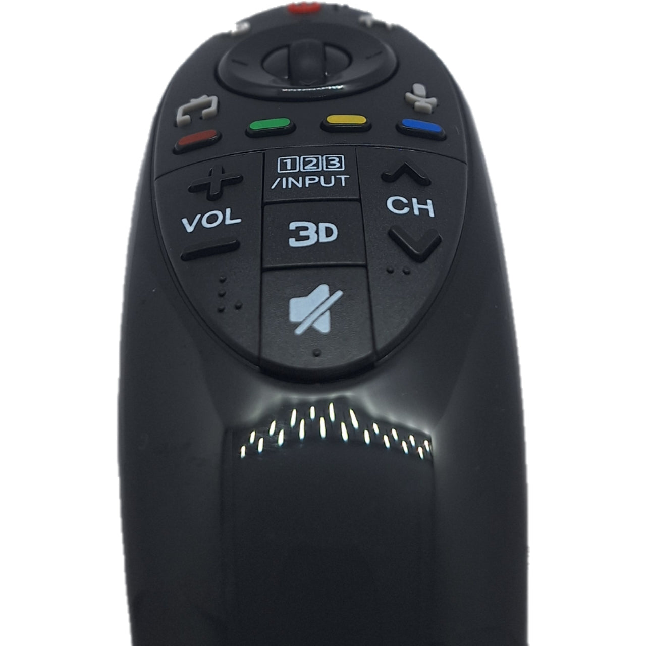 Mando MR500G compatible con LG Magic Remote visto desde el ángulo inferior. Control remoto de excelente calidad para televisores LG Smart TV, fácil de usar.