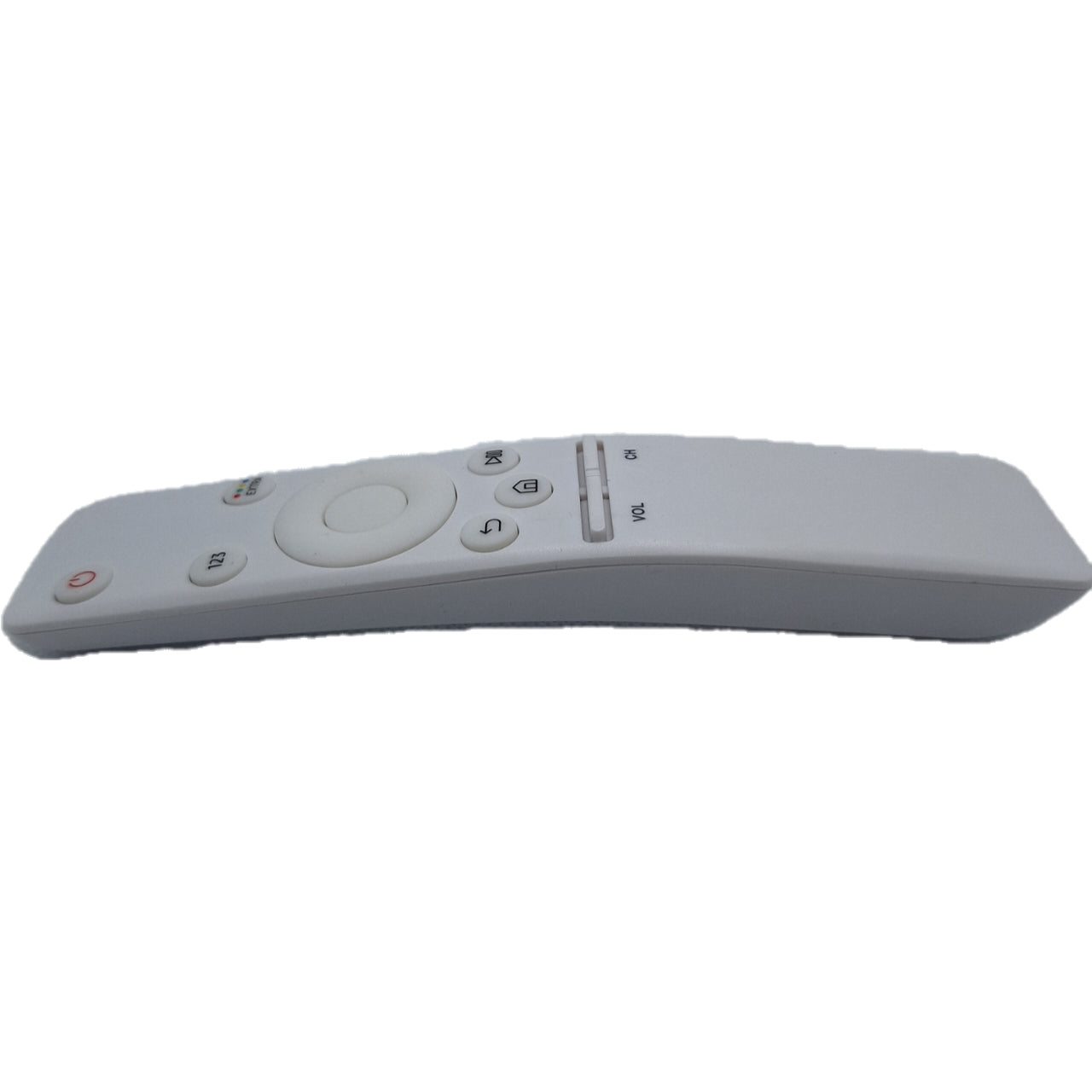Vista lateral de mando blanco para Samsung, ideal para Smart TV y televisores tradicionales.