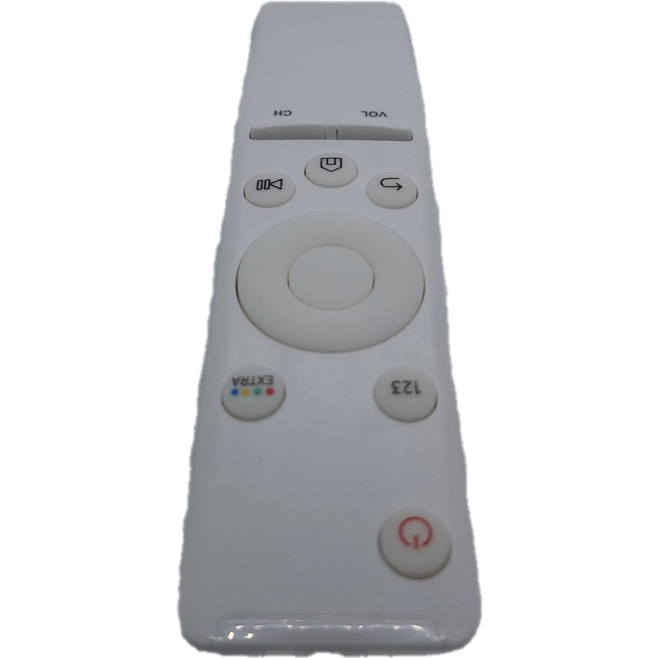 Vista superior del mando BN59-01259B blanco para Samsung, funciona con pilas AA sin necesidad de configuración.