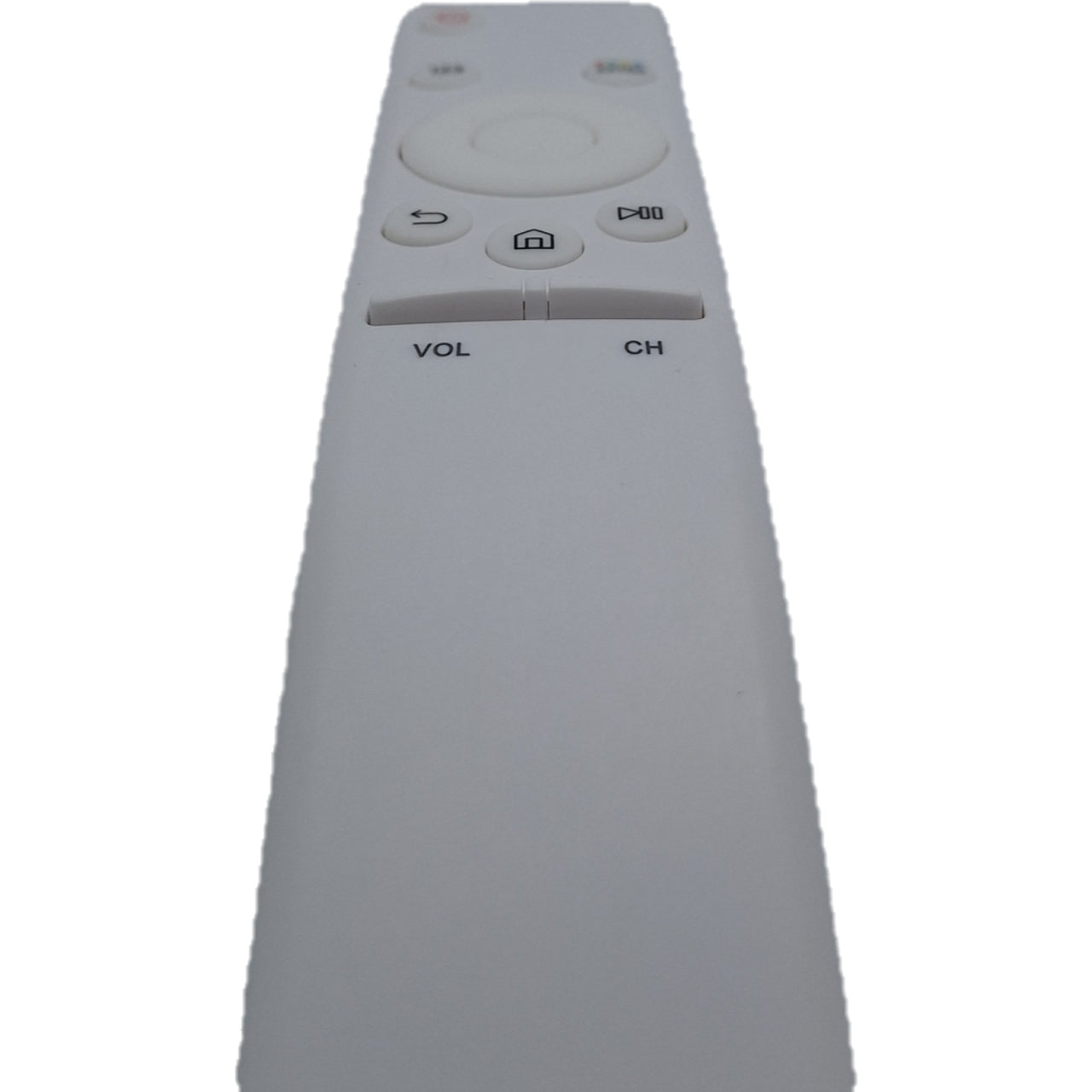 Vista inferior del mando BN59-01259B blanco para televisores Samsung, control remoto básico y fácil de usar.