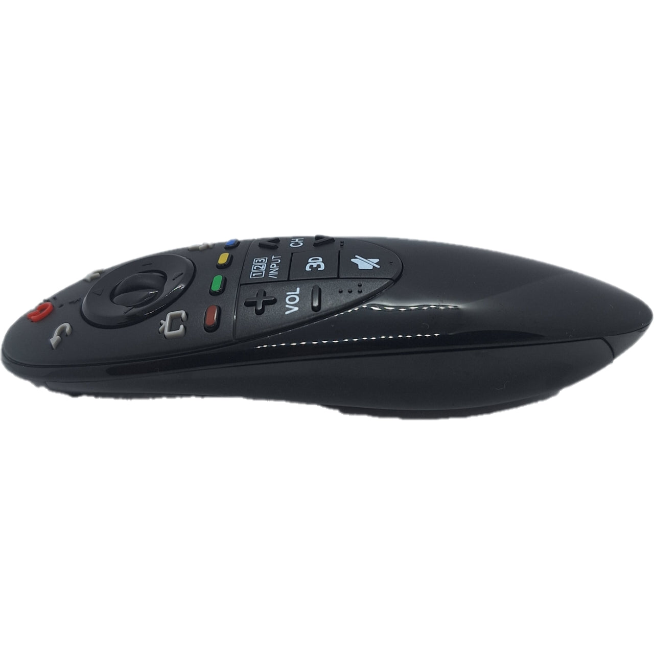 Mando MR500G compatible con LG Magic Remote visto desde un ángulo lateral. Control remoto de sustitución para televisores LG Smart TV
