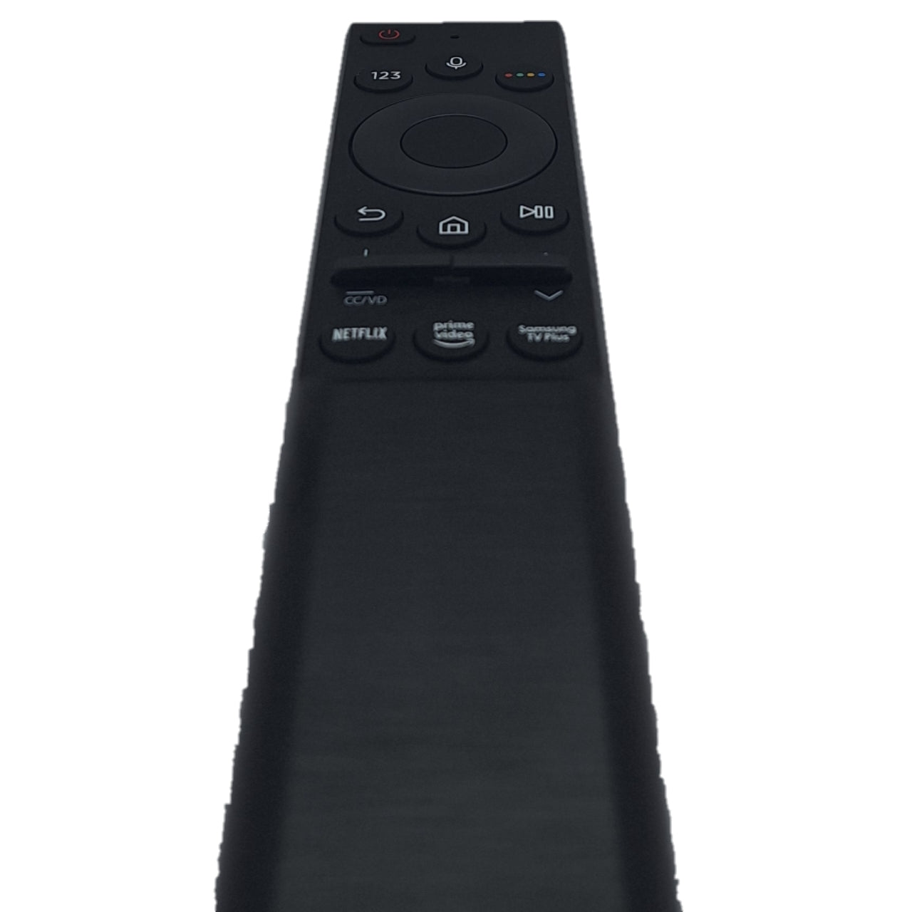 Vista lateral del mando Samsung BN59-01363A. Diseño ergonómico con botones bien distribuidos para facilitar el uso, incluyendo micrófono para modelos compatibles.