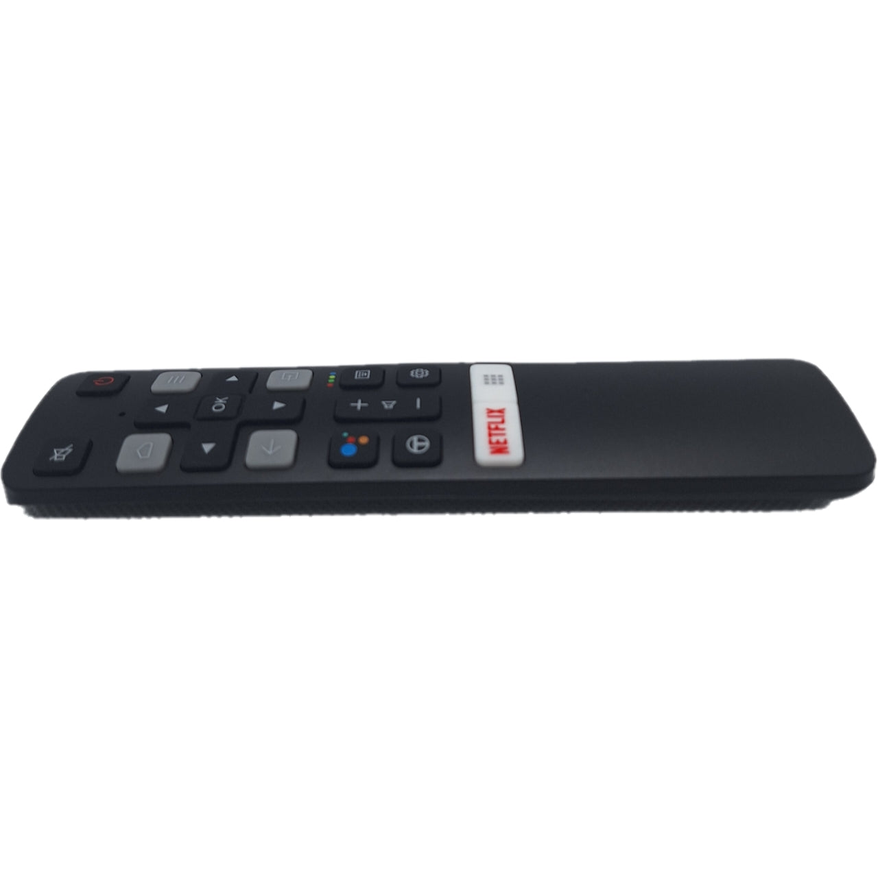 Vista lateral del mando TCL RC802V JUR6. Diseño ergonómico y materiales resistentes que aseguran durabilidad y comodidad en televisores TCL.