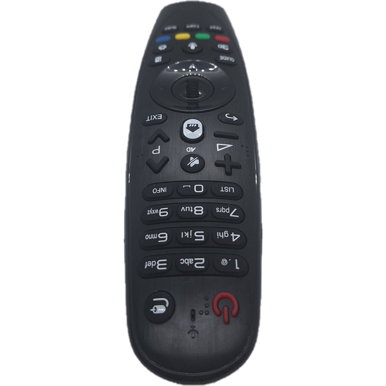 Vista superior de mando para televisores LG de 2015 con puntero y micrófono.