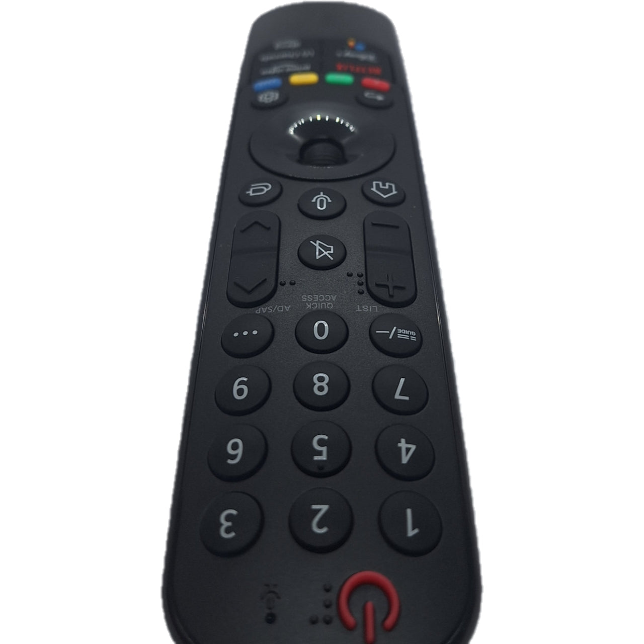 Vista superior del mando LG Magic Remote MR22GA. Resalta su diseño compacto con acceso fácil a los botones principales y el micrófono para control por voz. Compatible con televisores LG Smart TV de 2021 y 2022.