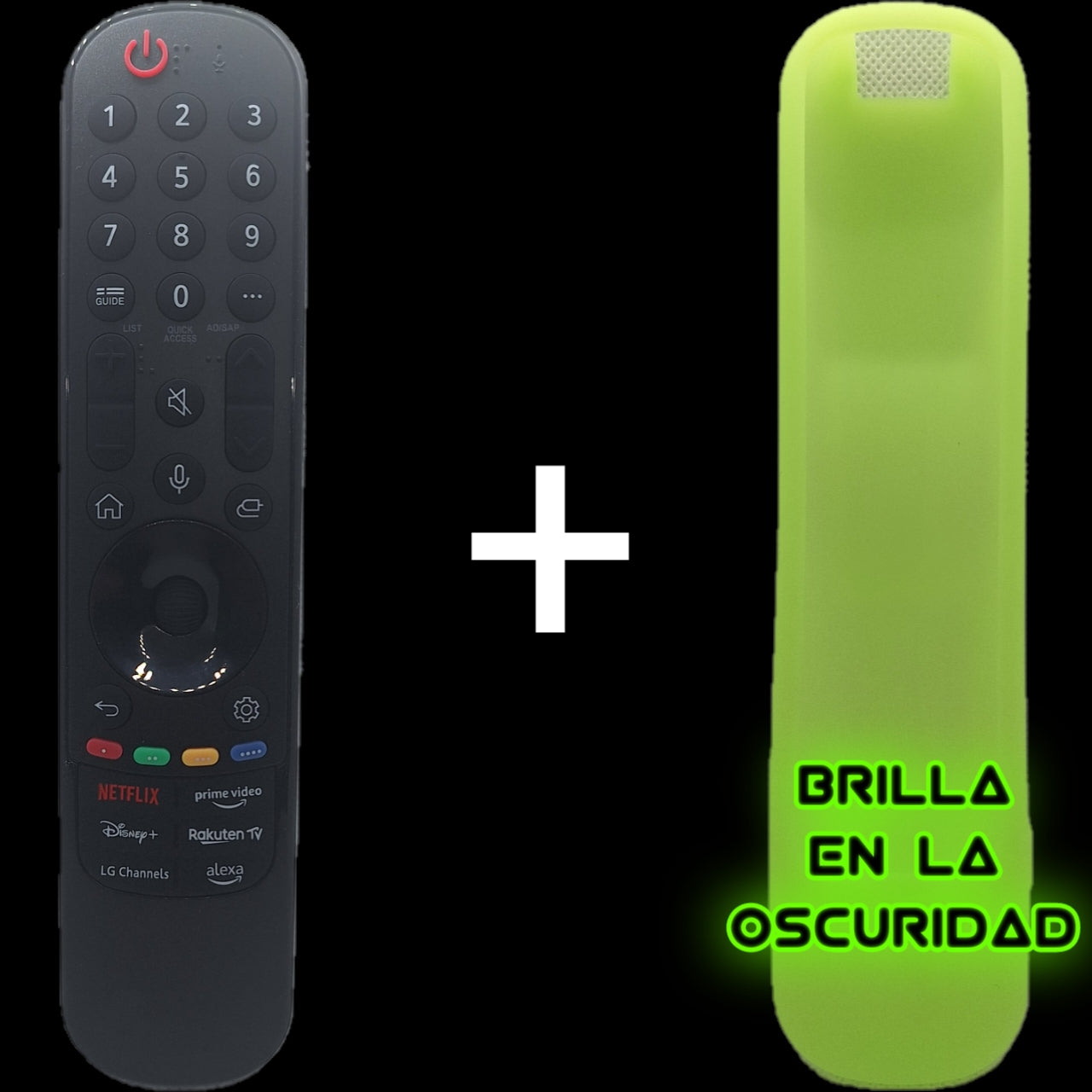 Mando LG Magic Remote de 2024 junto a su funda verde luminiscente brillante en la oscuridad.