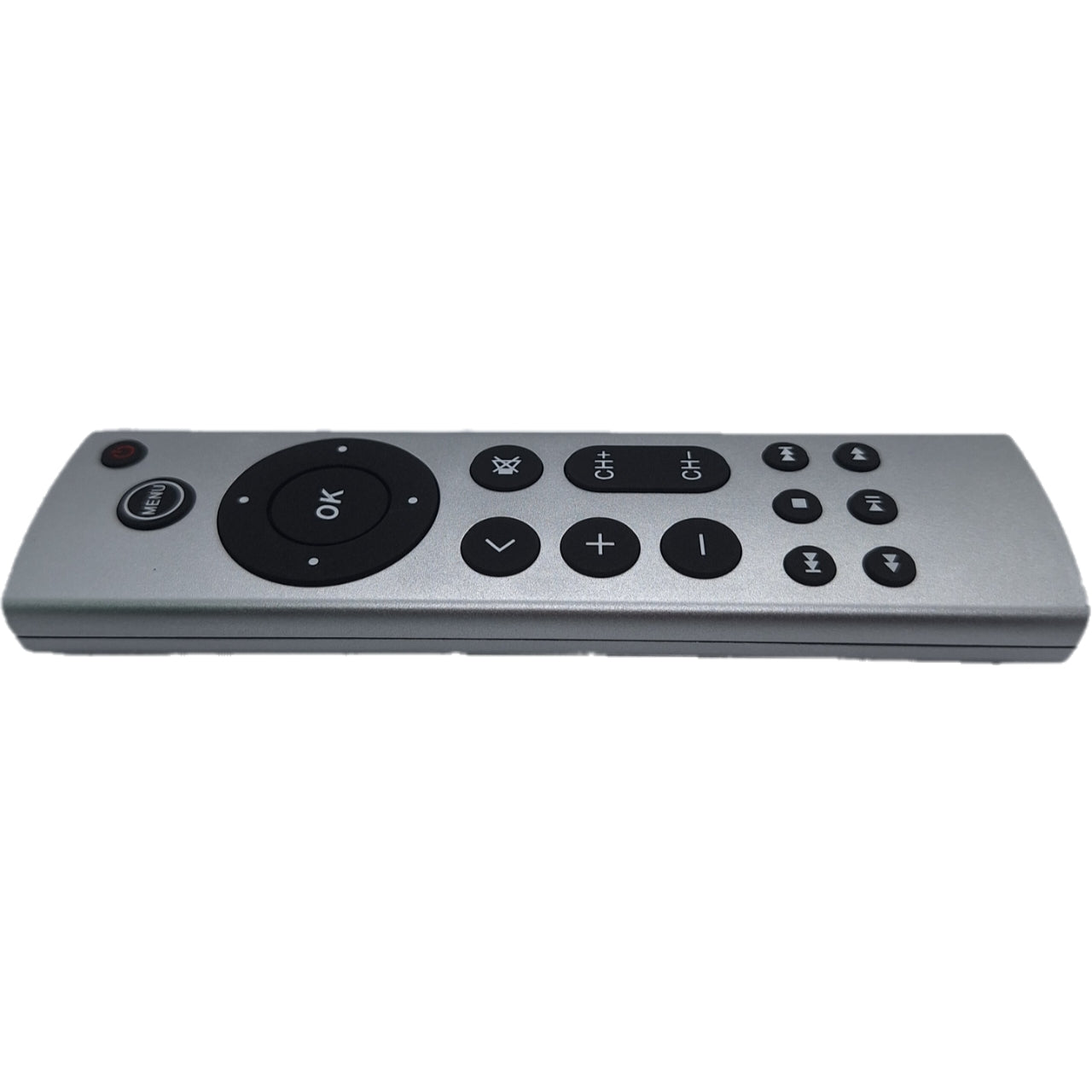 Vista lateral del mando compatible Apple TV, con diseño ergonómico y botones bien distribuidos para un control fácil y rápido.