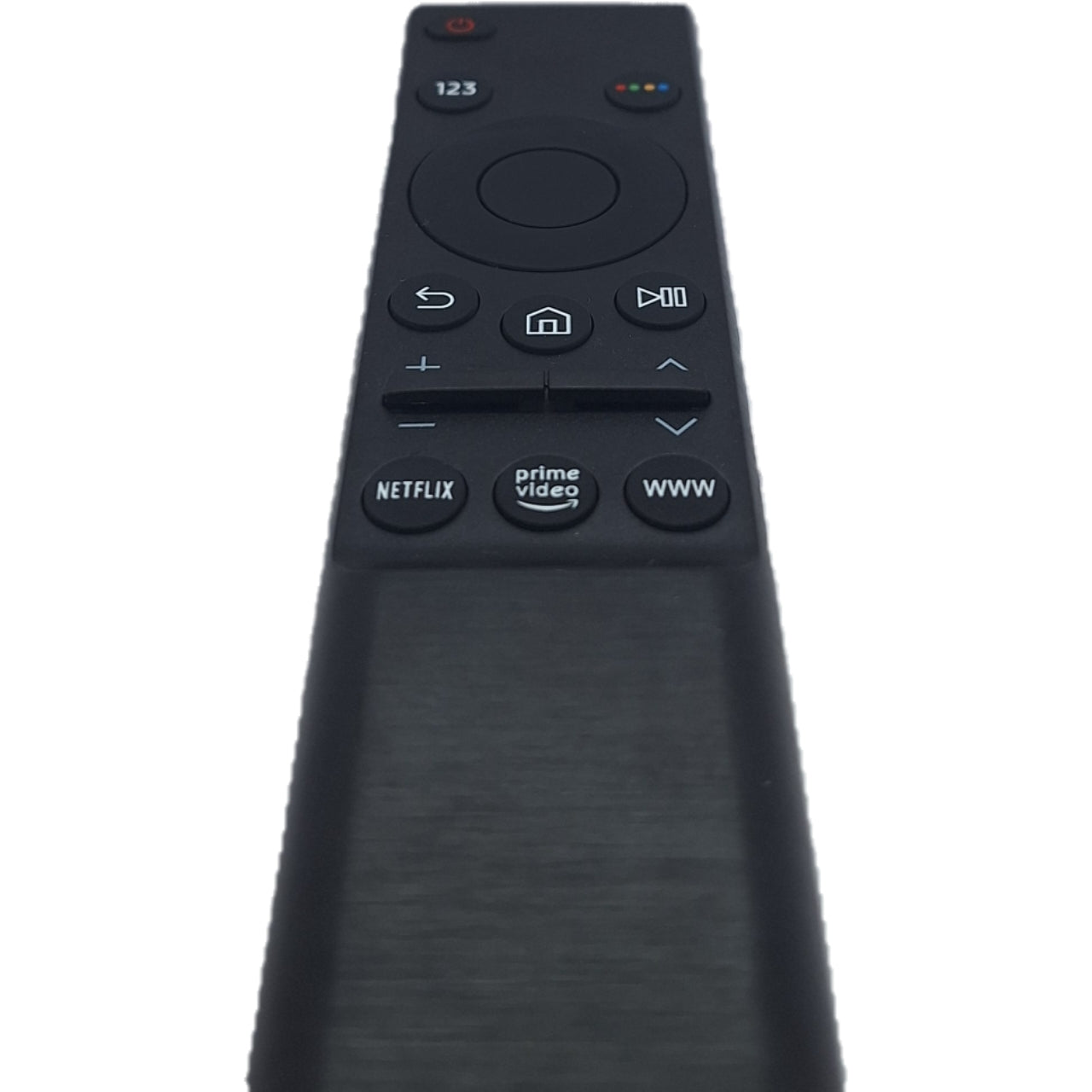 Mando BN59-01358B visto desde el ángulo inferior. Perfecto para televisores Samsung, con diseño ergonómico que asegura un agarre cómodo.