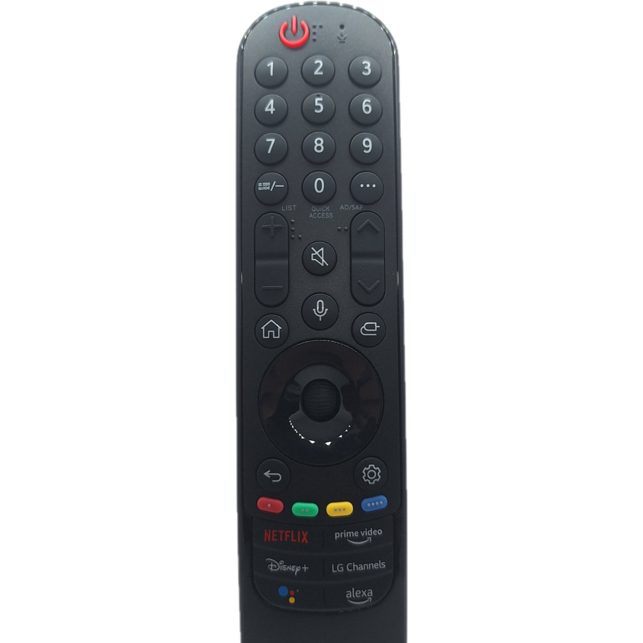 Vista frontal del mando a distancia LG Magic Remote MR22GA compatible con televisores LG Smart TV. Muestra su diseño ergonómico con micrófono integrado para control por voz, puntero para navegación intuitiva y botones multifuncionales. Compatible con modelos OLED, QNED MiniLED, NANOCELL, UHD y HD.