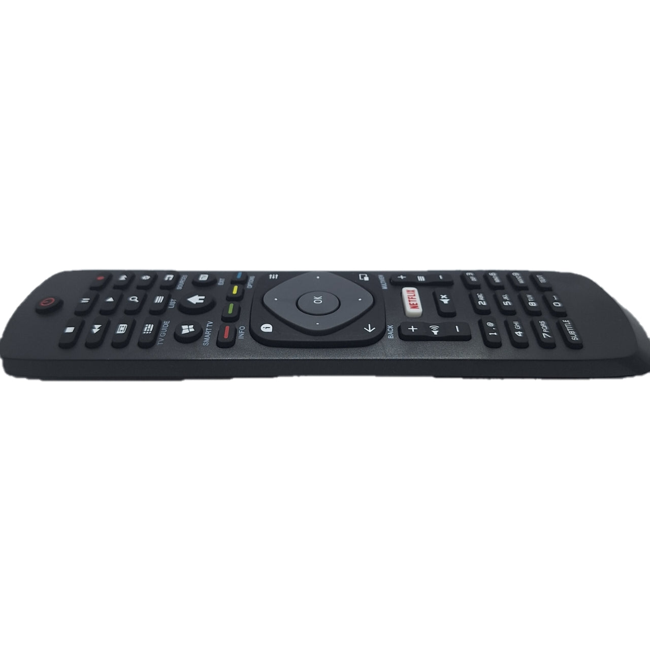 Mando compatible Philips 398GR08BEPHN0019CR desde un ángulo lateral. Este control remoto es el sustituto perfecto para el mando original del televisor Philips. Sin necesidad de programación ni ajustes, simplemente coloca las pilas y empieza a usarlo.