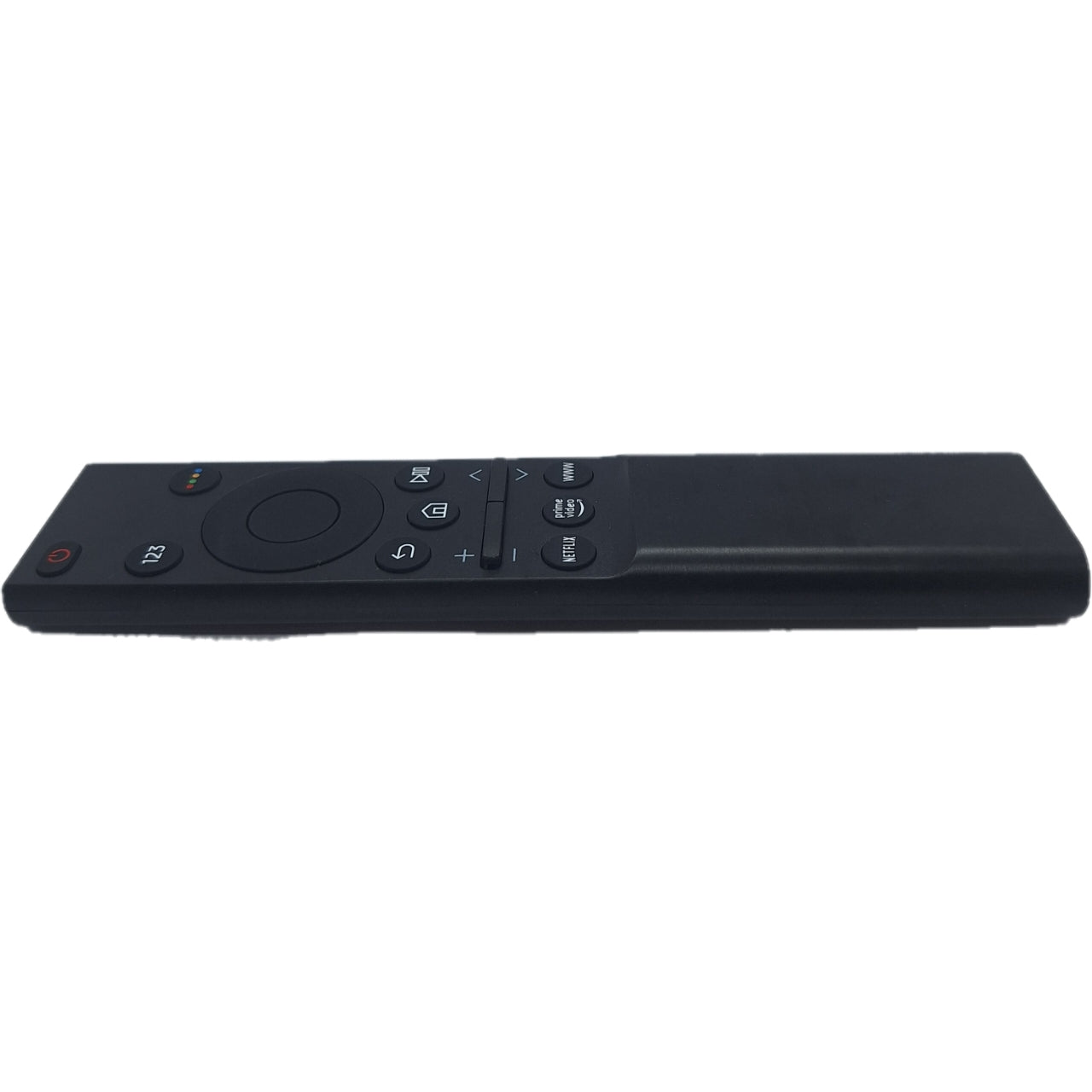 Mando BN59-01358B visto desde el ángulo lateral. Este mando compatible con televisores Samsung Smart TV es ideal para quienes buscan comodidad, ya que ofrece botones de acceso directo a las plataformas de streaming más populares.