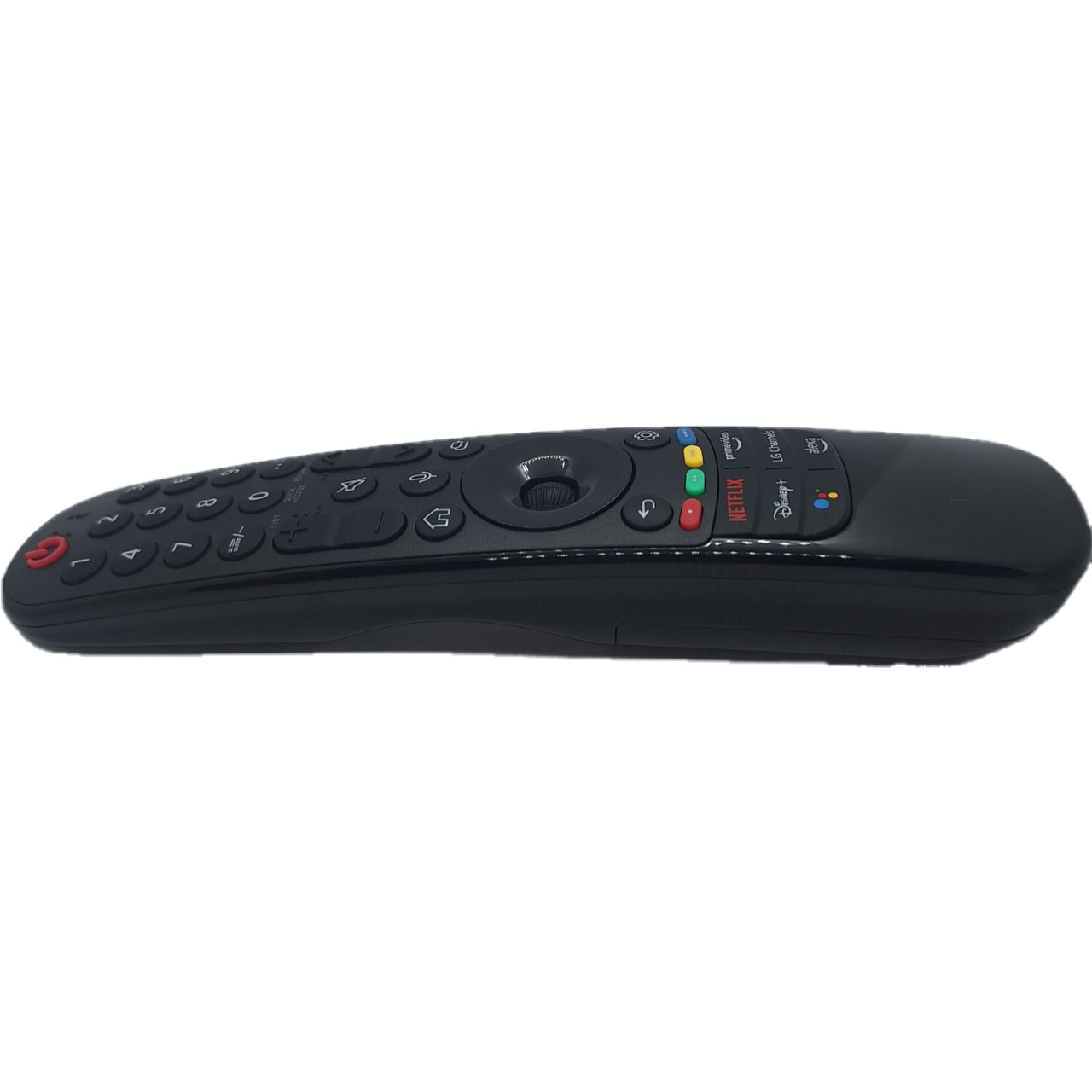 Vista lateral del mando LG Magic Remote MR22GA, ideal para televisores LG Smart TV. Muestra su perfil delgado y diseño ergonómico que facilita un agarre cómodo, además de su compatibilidad con funciones avanzadas como control por voz y ratón.