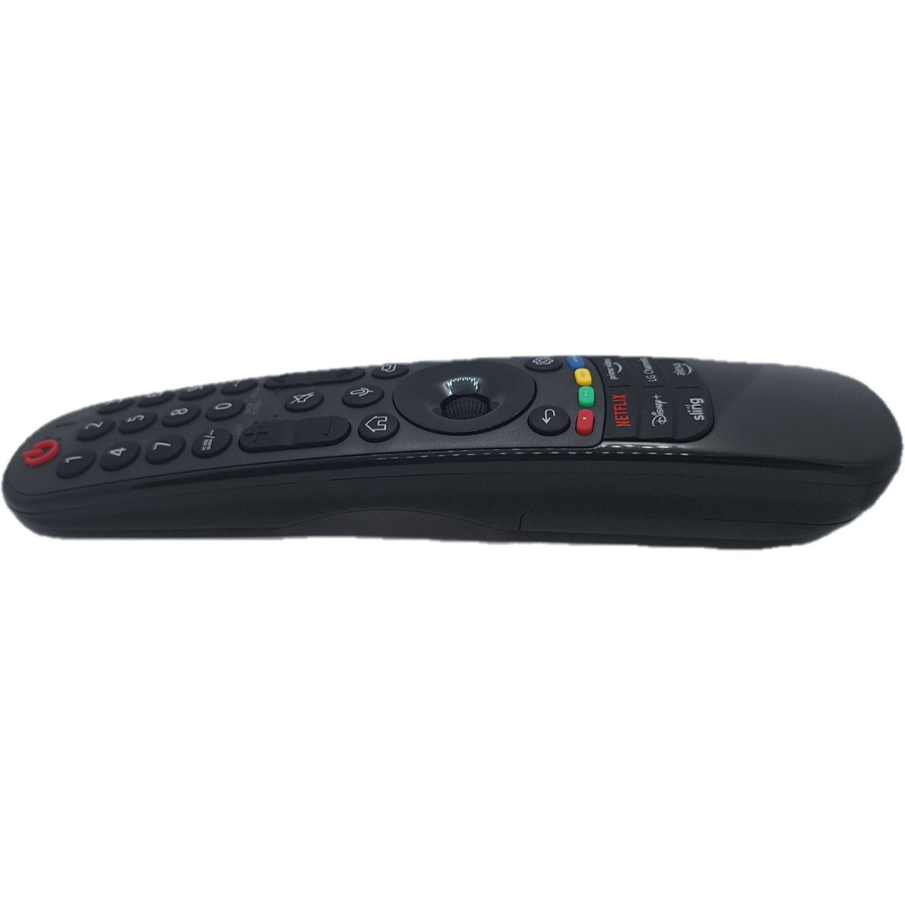 Vista lateral del mando LG MR23GN Magic Remote, ideal para televisores LG Smart TV con control por voz y puntero.