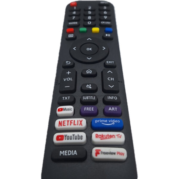 Vista inferior del mando EN2A30 compatible con televisores Hisense. Inserta las pilas para disfrutar de un control funcional sin configuraciones previas.