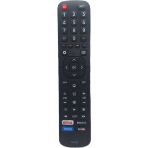 Vista frontal del mando compatible Hisense EN2A27, con botones dedicados a YouTube, Netflix, Amazon Prime Video y VUDU para un acceso rápido a tus contenidos favoritos.