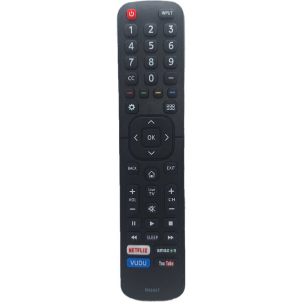Vista frontal del mando compatible Hisense EN2A27, con botones dedicados a YouTube, Netflix, Amazon Prime Video y VUDU para un acceso rápido a tus contenidos favoritos.