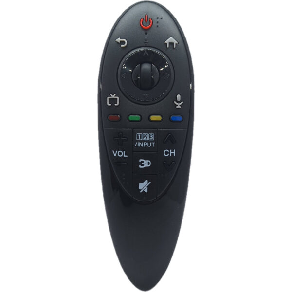 Mando MR500G compatible con LG Magic Remote visto desde el frente. Control remoto de alta calidad para televisores LG Smart TV, sin micrófono ni puntero. Funciona como el original, solo inserta las pilas (no incluidas) y listo.
