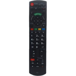 Vista frontal del mando compatible Panasonic N2QAYB000487. Un reemplazo exacto que garantiza funcionalidad inmediata y alta calidad para televisores Panasonic, sin configuraciones adicionales.