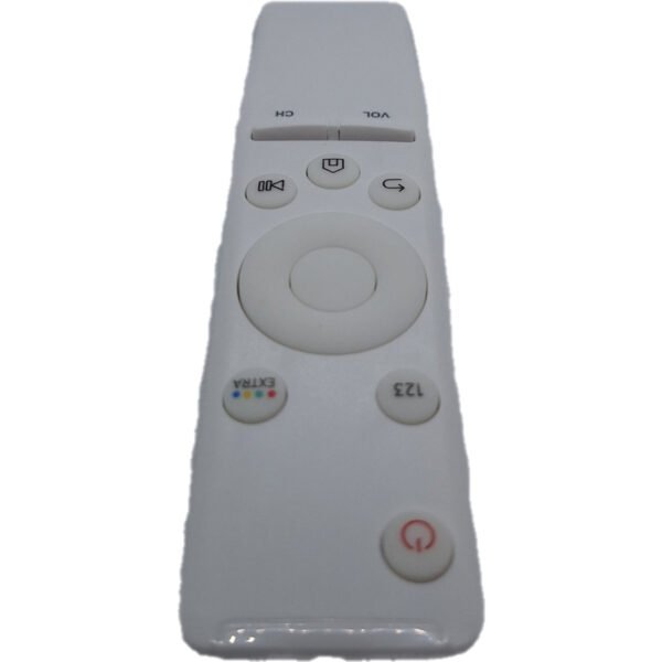 Vista superior del mando BN59-01259B blanco para Samsung, funciona con pilas AA sin necesidad de configuración.