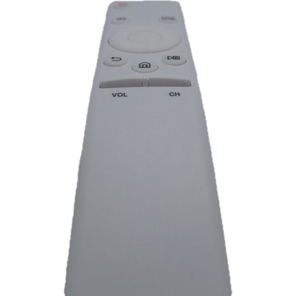 Vista inferior del mando BN59-01259B blanco para televisores Samsung, control remoto básico y fácil de usar.