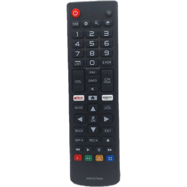 Vista frontal del mando LG AKB75375604, control remoto nuevo para Smart TV y televisores convencionales.