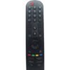 Vista frontal del mando a distancia LG Magic Remote MR22GA compatible con televisores LG Smart TV. Muestra su diseño ergonómico con micrófono integrado para control por voz, puntero para navegación intuitiva y botones multifuncionales. Compatible con modelos OLED, QNED MiniLED, NANOCELL, UHD y HD.
