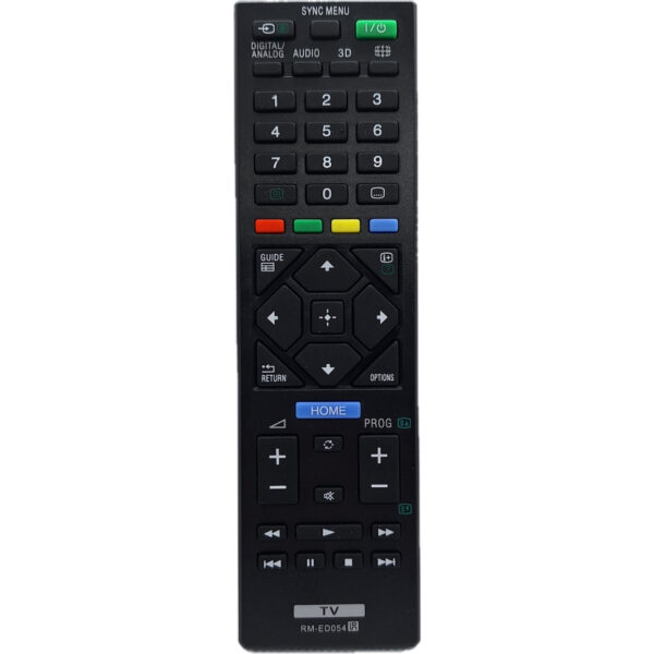 Mando a distancia Sony RM-ED054 visto desde el frente. Compatible con televisores Sony, incluyendo modelos Smart TV y convencionales. Mando de alta calidad, fácil de usar y sin necesidad de configuración. Perfecto como reemplazo o mando adicional para tus televisores.