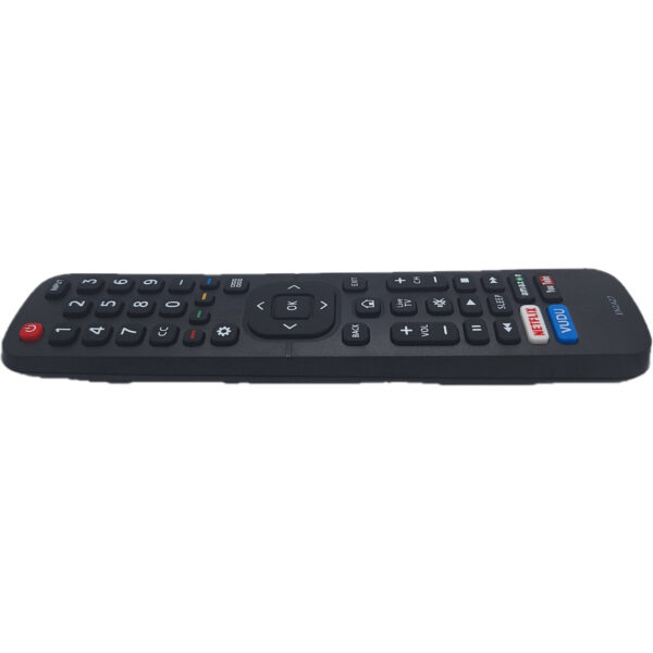 Vista lateral del mando Hisense EN2A27, con un diseño ergonómico y botones accesibles para facilitar la navegación por tus aplicaciones de streaming.
