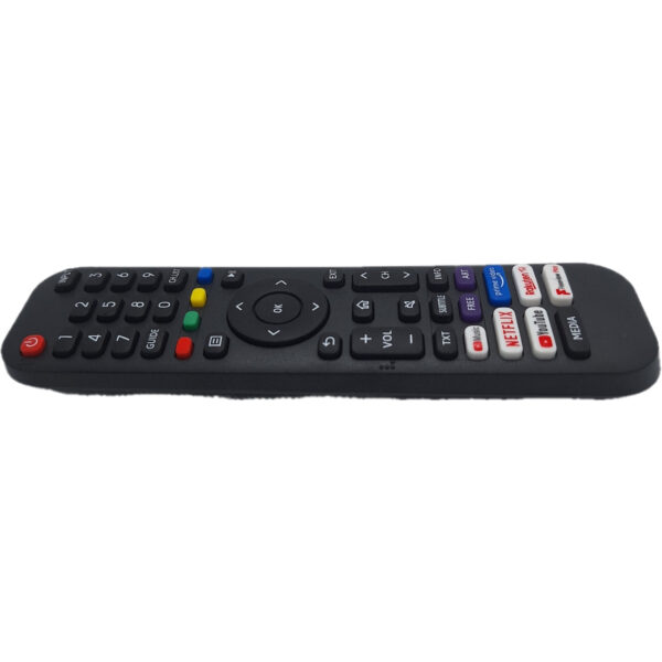 Vista lateral del mando Hisense EN2A30. Diseño ergonómico y resistente, ideal para un uso cómodo en televisores Hisense.