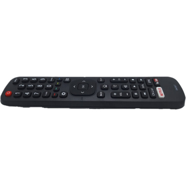 Vista lateral del mando EN2B27 para televisores Hisense, con acceso rápido a plataformas de streaming.
